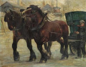 Couple Workhorses With Priner And Wagon Near A Mine