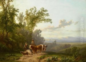 Romanticlandscape With Shepherd Pair by Alfred Edouard De Bylandt