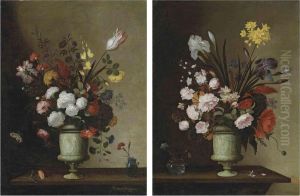 Camprobin Roses, Carnations, A Tulip And Other Flowers In A Sculptedalabaster Urn, With A Carnation In A Glass Vase, On A Wooden Table