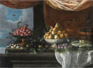 Nature Morte Au Plat De Prunes, Poires, Bouteille Et Rafraichissoirsur Un Entablement by Pedro de Camprobin