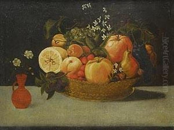 Bodegon: Cesta De Frutas Sobre Una Mesa Con Un Jarron De Barro by Pedro de Camprobin