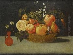 Bodegon: Cesta De Frutas Sobre Una Mesa Con Un Jarron De Barro
