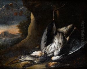 A Dead Crane And Other Birds Before An Openlandscape