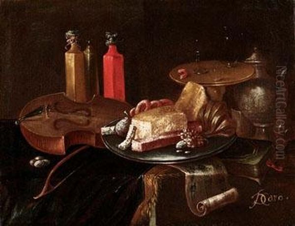 Violino, Bottiglie, Guantiera Di Dolci, Tavolino Con Bicchieri, Brocca, Libro E Spartito Musicale Su Tavolo Con Tappeto - view 1