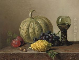 A Pumpkin, Grapes, Prunes And A Roemer On A Marble Ledge