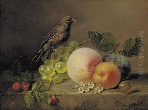 Peaches, Grapes, Raspberries And A Sparrow On A Marble Ledge - view 1