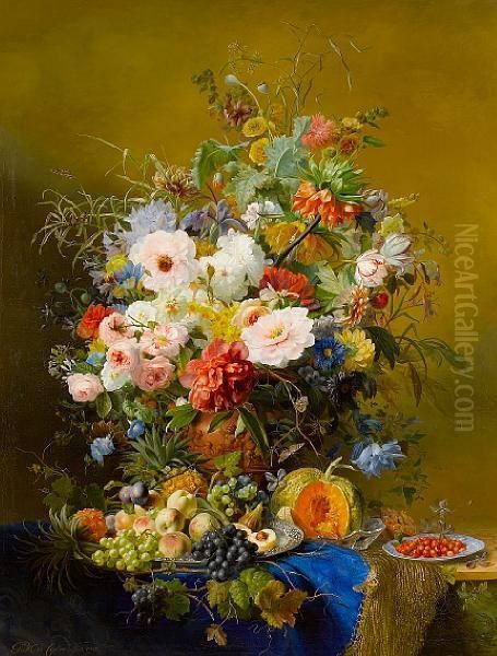 A Still Life Of Peonies, Roses, Poppies,tulips And Other Flowers With Mixed Fruits On A Marble Ledge With Ablue Cloth - view 1
