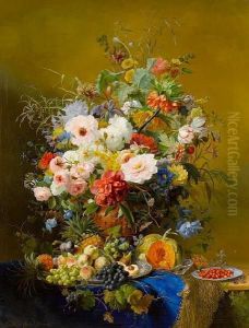 A Still Life Of Peonies, Roses, Poppies,tulips And Other Flowers With Mixed Fruits On A Marble Ledge With Ablue Cloth
