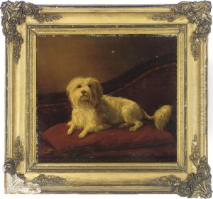 A White Terrier On A Red Cushion by J.T. De Castro