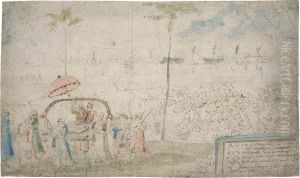 An Oriental Dignitary Being Carried In A Litter, A Military Camp Beyond