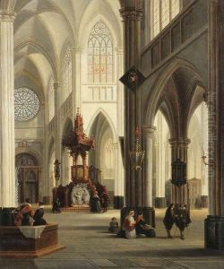 Interieur Van Een Gotischekathedraal Met Figuren En Fraaie Preekstoel by Emile Pierre J. De Cauwer