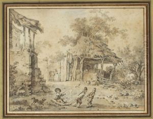 Enfants Jouant Dans Une Cour De Ferme by Jean-Baptiste De Champaigne