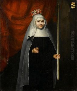 Portrait Of A Child Dressed As A Carmelitenun, Three-quarter-length, Holding A Crucifix And A Candle, Wearinga Crown Of Flowers, Standing Before A Red Curtain