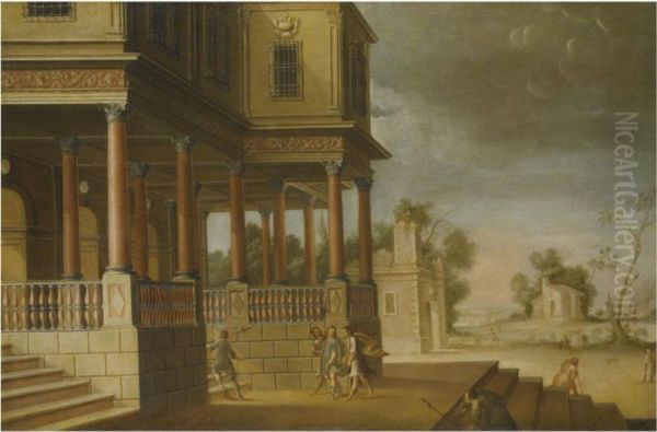 A Capriccio Landscape With Figures Returning To A Villa From Thehunt - view 1