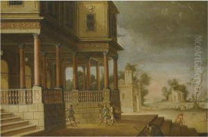A Capriccio Landscape With Figures Returning To A Villa From Thehunt by Jose De Cieza