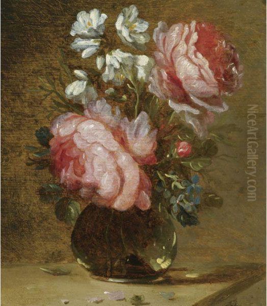 Still Life Of Roses, Forget-me-nots And Other Flowers In A Glassvase On A Wooden Table - view 1