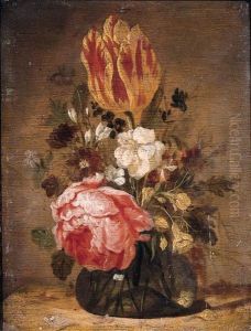 A Tulip, A Rose, A Violet And Other Flowers In A Glass Vase On Awooden Table by Jacques de Claeuw