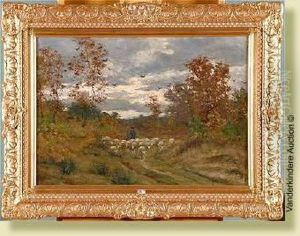 Berger Et Son Troupeau Sur Le Chemin by Alphonse De Clercq