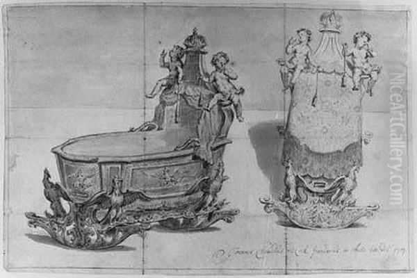 Two Studies Of An Elaborately Decorated Cradle - view 1