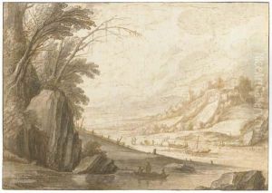 An Extensive Landscape With Fishermen On A Broad River, A Ruined Castle Beyond