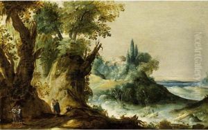 An Extensive Mountainous River Landscape With Travellers On A Path