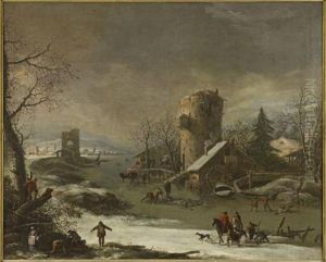 A Snow Covered River Landscape With Figures And Animals A Snow Covered River Landscape With Figures And Animals