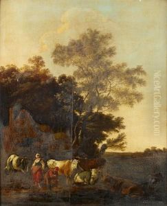 A Milkmaid And A Shepherd Milking Their Herd Before An Open Landscape A Milkmaid And A Shepherd Milking Their Herd Before An Open Landscape