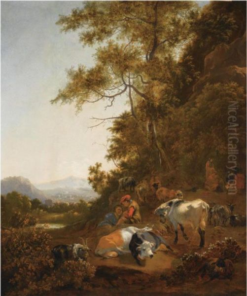 A Wooded Hilly Landscape With Shepherds Resting With Their Herd,other Figures Preparing A Meal Above A Fire To The Right - view 1
