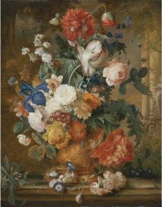 Peonies, Roses, Carnations, An Iris, Anemones, Auricula And Otherflowers In A Terracotta Vase, With Orange Blossoms, Morning Gloryand A Bird's Nest On A Marble Ledge, A Colonnade Beyond by Melanie de Comolera