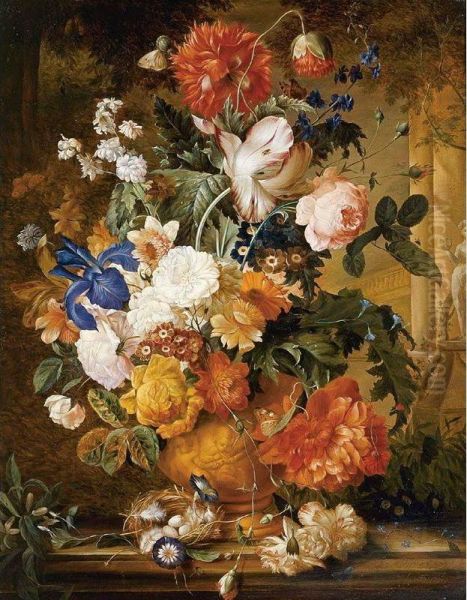 Peonies, Roses, Carnations, An Iris, Anemones, Auricula And Other Flowers In A Terracotta Vase, With Orange Blossom, Morning Glory And A Birds Nest On A Marble Ledge, A Colonnade Beyond - view 1