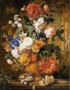 Peonies, Roses, Carnations, An Iris, Anemones, Auricula And Other Flowers In A Terracotta Vase, With Orange Blossom, Morning Glory And A Birds Nest On A Marble Ledge, A Colonnade Beyond