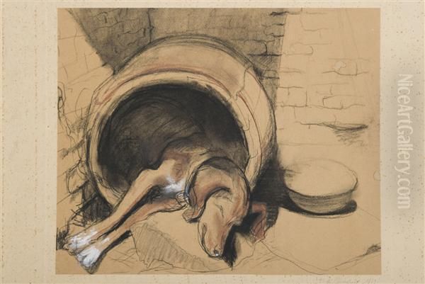 Chien De Chasse Dans Un Tonneau - view 1