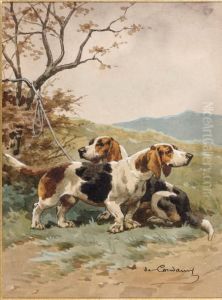 Deux Chiens De Chasse A Courre Attaches by Charles Fernand de Condamy