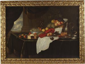 A Still Life Of Lobster, Fruit, A Flagon And Wine On A Table-top With A View Beyond by Andries De Coninck