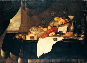 Still Life Of A Lobster, A Pie And Various Fruits In Blue And White Bowls And On Pewter Plates, Together With A Basket Of Bread, A Wine Glass, Gilt Goblet, Pewter Flagon, Oysters And A Fig On A Table Draped With A Red Velvet Cloth by Andries De Coninck