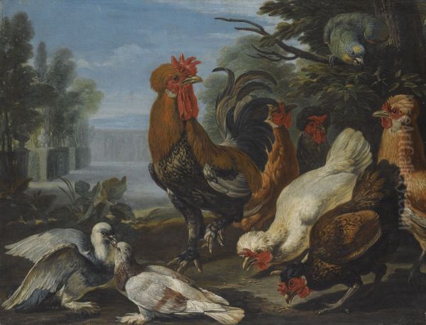A Cockerel, Hens, Doves And A Parrot In A Formal Garden Setting - view 1