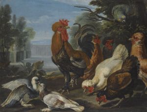 A Cockerel, Hens, Doves And A Parrot In A Formal Garden Setting by David de Coninck