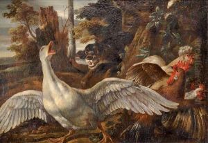 Chien Attaquant Une Oie Et Des Poules by David de Coninck