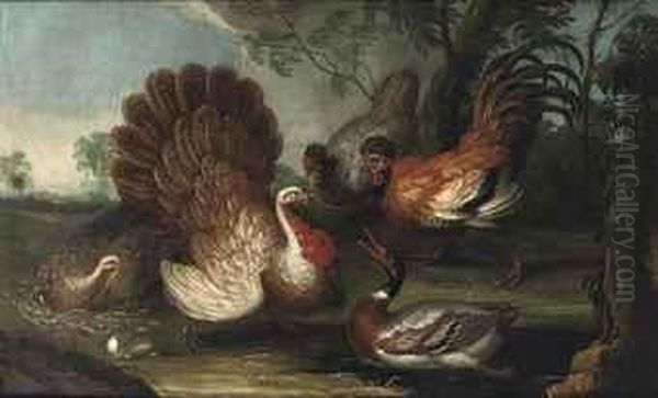 Two Turkeys, A Duck, A Rooster And A Hen In A Landscape - view 1