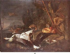 spaniel Breton Persiguiendo A Tres Gansos by David de Coninck