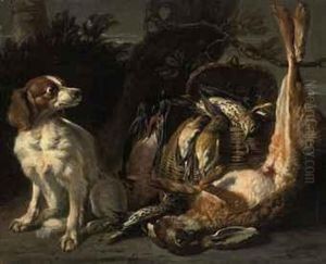 A Spaniel, With Dead Birds In A Basket And A Dead Rabbit, In Alandscape