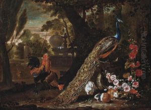 A Peacock And Cockerels, With Guinea Pigs And A Rabbit, In A Wooded Park by David de Coninck
