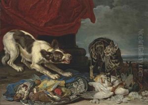A Cat And A Dog Fighting Over Fowl, A Column With Draped Curtainand Coastal Landscape