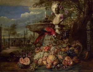 A Parrot, Melons, Peaches, Pomegranates, Grapes, Cherries Andtrailing Blossoms In An Italianate Park by David de Coninck