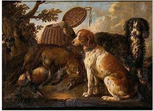 Bodegon De Caza Y Dos Perros En Unpaisaje by David de Coninck