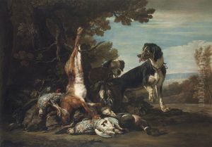 A Hare, Ducks, Other Fowl And A Brace Of Hounds, In A Forest Landscape, A Mountain Range Beyond by David de Coninck