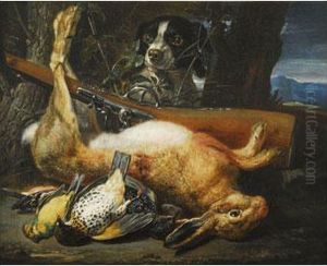 Bodegon De Caza Con Perro, Liebre Y Escopeta by David de Coninck