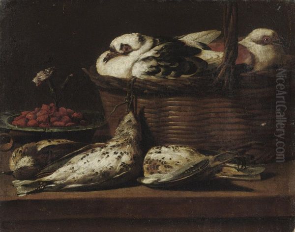Doves In A Wicker Basket With Woodcocks And A Bowl Of Wild Strawberries - view 1
