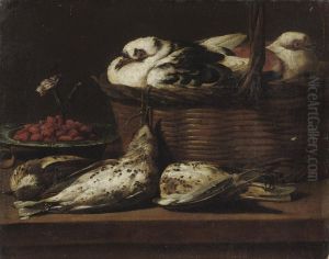 Doves In A Wicker Basket With Woodcocks And A Bowl Of Wild Strawberries by David de Coninck