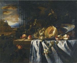 Still Life With A Melon In A Porcelain Bowl Together With Grapes